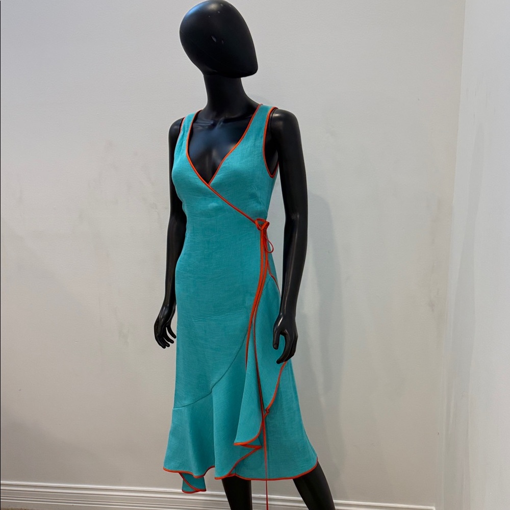 DIANE VON FURSTENBERG Turquoise Wrap Dress Orange Trim Resort Luxury DVF 2 NEW